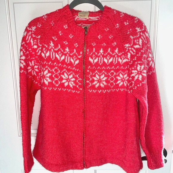Vintage Cozy Cardigan Hand Made Neon Pink Fair Isle Heavy S/M - Picture 1 of 14